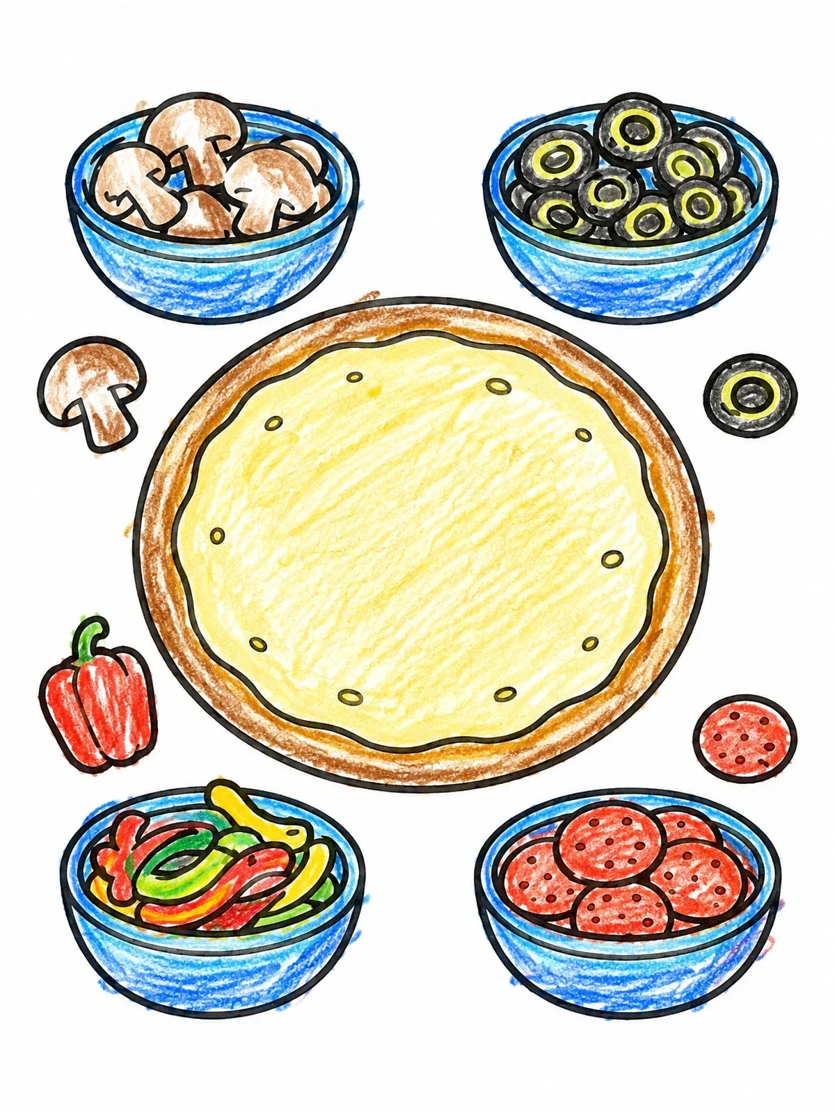 Colored example of the Pizza Crust With Ingredient Bowls coloring page