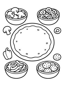 Free printable Pizza Crust With Ingredient Bowls coloring page