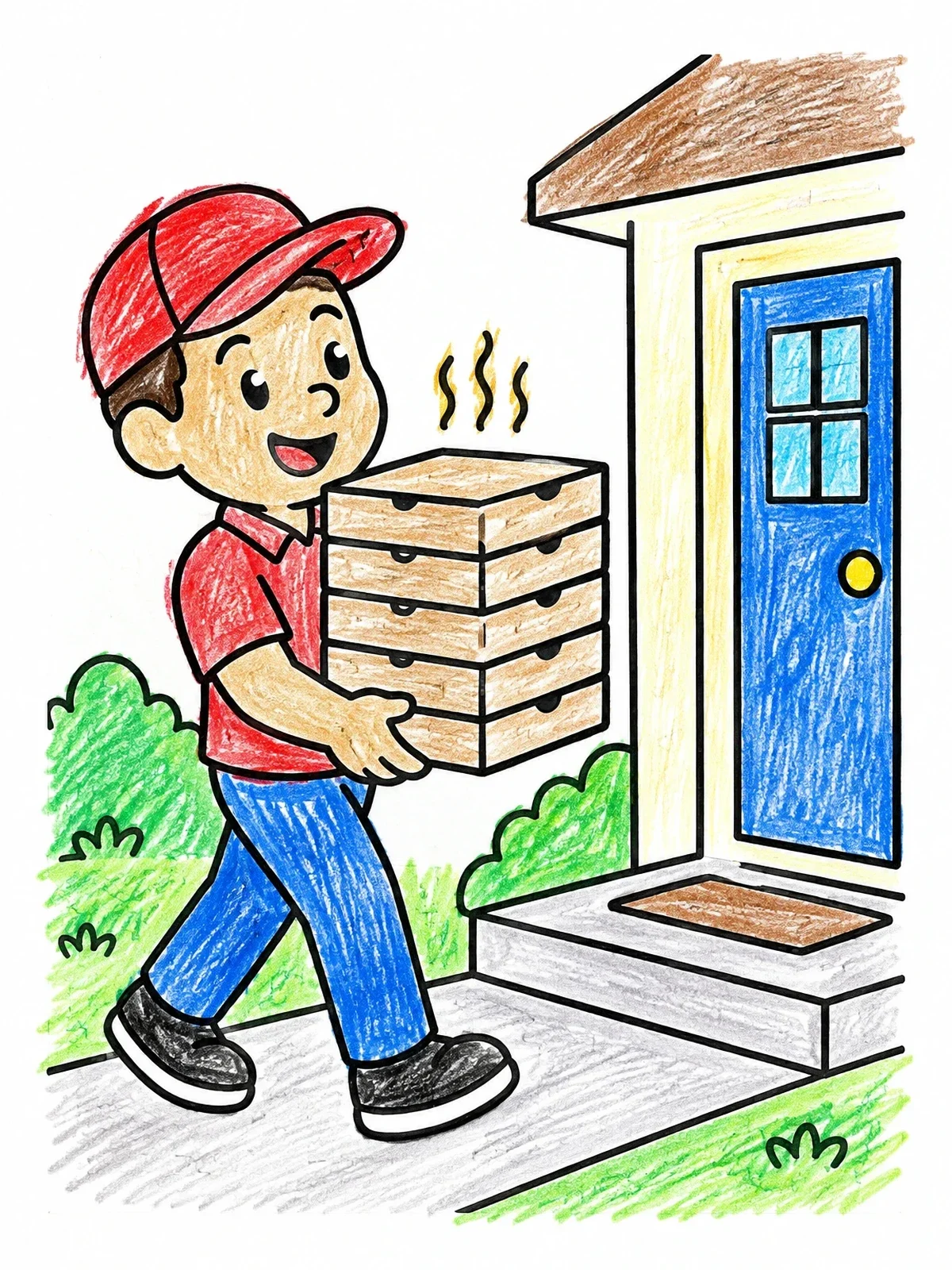 Colored example of the Pizza Delivery Boy At The Door coloring page