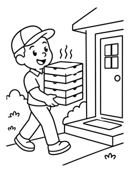 A pizza coloring page showing a friendly delivery boy carrying a stack of warm boxes to a front door.