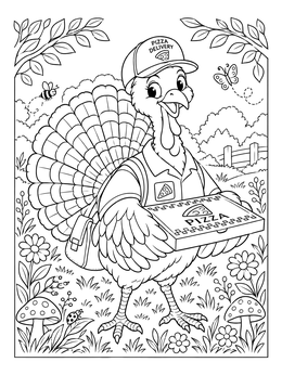A turkey coloring page showing a friendly bird delivering a fresh pizza in a sunny garden.