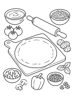 A pizza coloring page featuring rolled dough on a board surrounded by fresh toppings and a rolling pin.