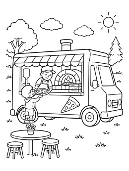 A friendly baker hands a pie to a boy in this food coloring page of a pizza food truck.