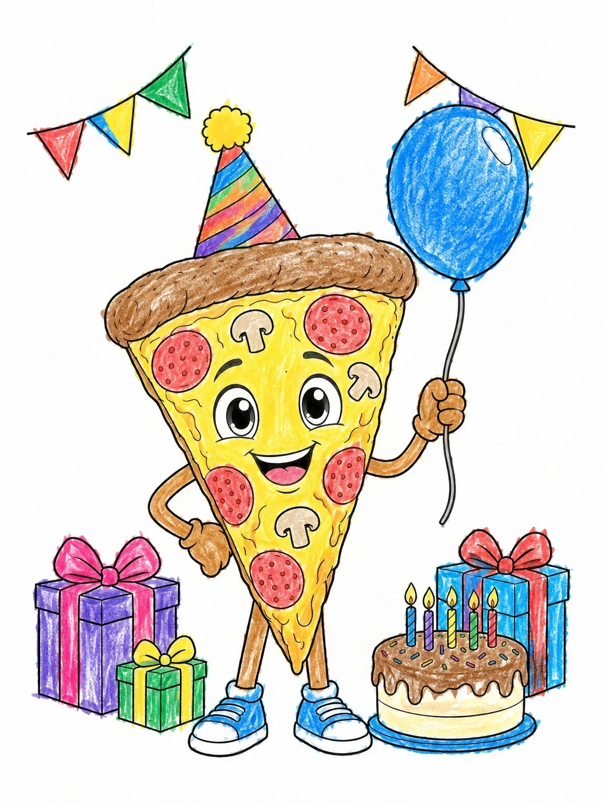 Colored example of the Pizza Slice Birthday Party coloring page