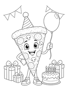 A cheerful cartoon pizza slice celebrating with a balloon on this pizza coloring page.
