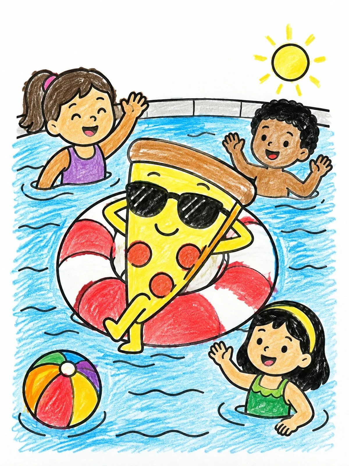 Colored example of the Pizza Slice Relaxing In Pool coloring page