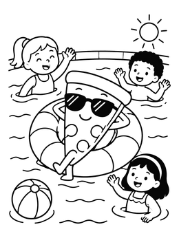 A cool pizza slice in sunglasses floats in a pool on this fun pizza coloring page.