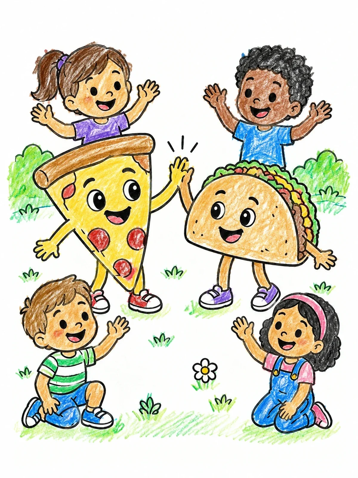Colored example of the Pizza Slice And Taco High Five coloring page