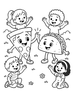 Happy pizza slice and taco high-fiving surrounded by kids on this pizza coloring page.
