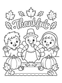 Free printable Thankful Kids And Thanksgiving Turkey coloring page