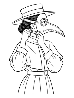 A historical plague doctor coloring page showing a side profile adjusting a beak mask.