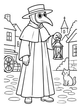 A historical plague doctor coloring page with a lantern and a cute cat on a cobblestone street.
