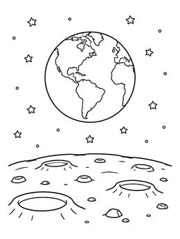 View from the cratered moon surface in this earth coloring page surrounded by stars.