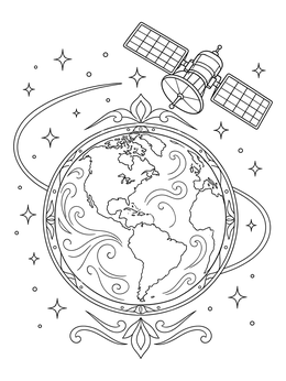 An ornate earth coloring page featuring planet Earth, starry space, and an orbiting satellite.