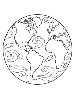 Detailed earth coloring page displaying continents and swirling cloud patterns across oceans.