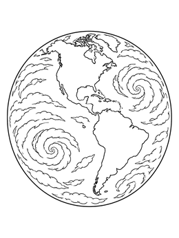 Detailed earth coloring page showing North and South America surrounded by swirling storm clouds.