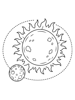 A simple mercury coloring page showing the cratered planet orbiting close to the blazing sun.