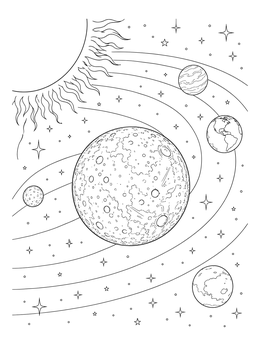 A detailed mercury coloring page with inner solar system planets and the sun.