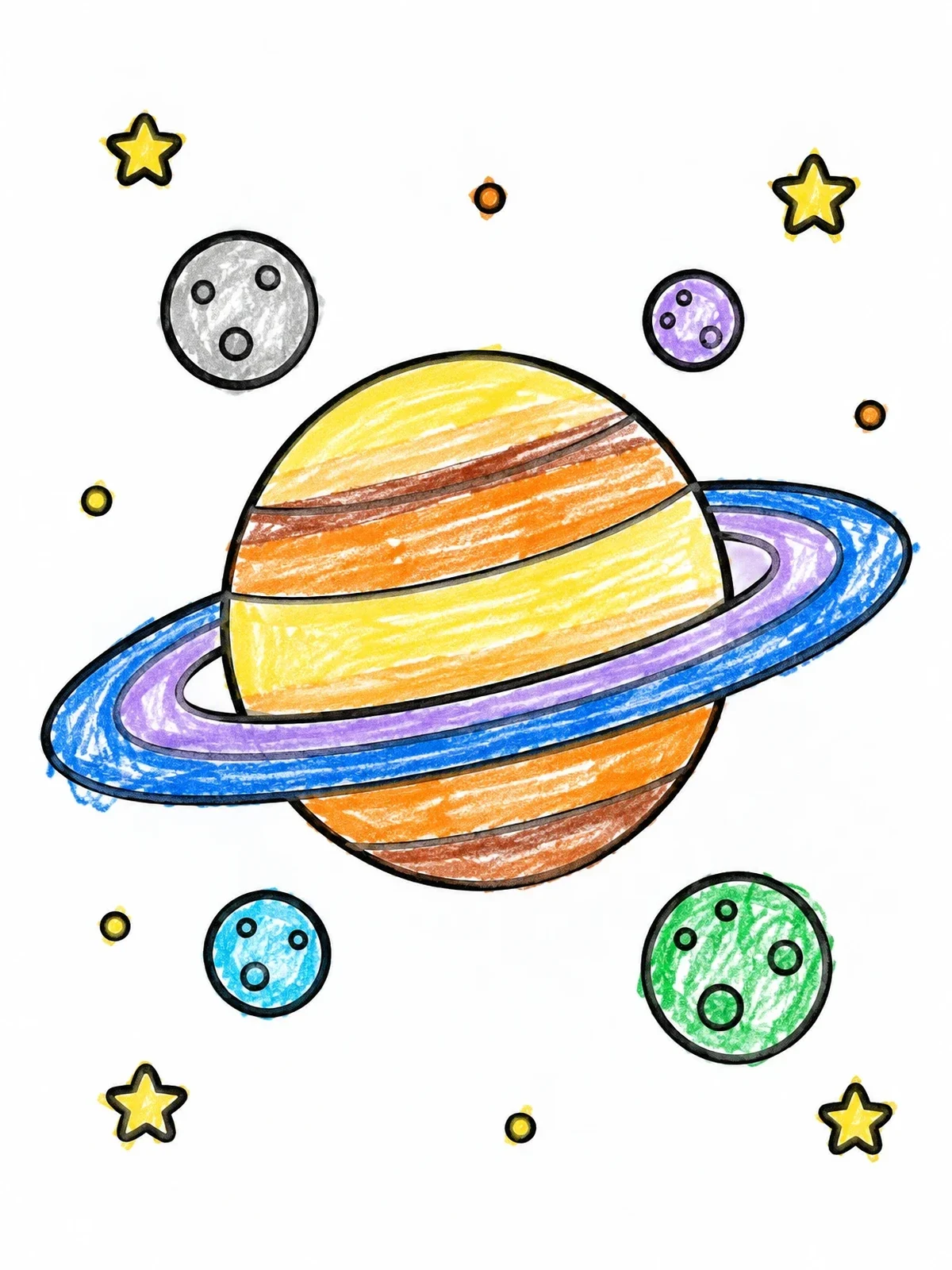 Colored example of the Planet Saturn With Moons And Stars coloring page