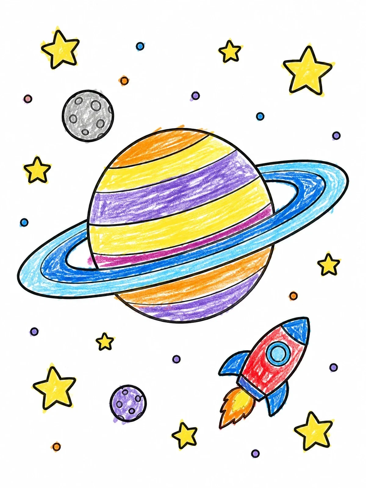 Colored example of the Planet Saturn With Rocket In Space coloring page