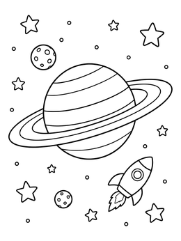 Free printable Planet Saturn With Rocket In Space coloring page