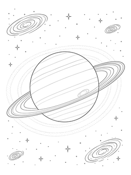 A detailed uranus coloring page featuring concentric rings, stars, and swirling spiral galaxies.