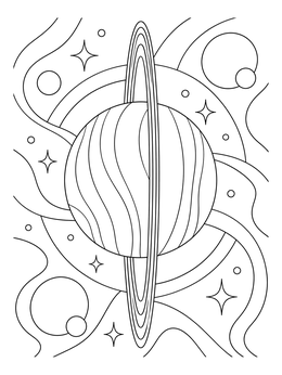 Stylized uranus coloring page showing vertical rings and swirling space patterns.