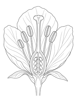 Detailed plant coloring page featuring a cross section diagram of a blossom with pistil and stamens.