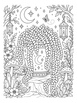 Burro's tail succulent in a decorative pot under the moon on this plant coloring page.