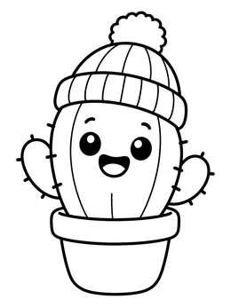 A cheerful cartoon cactus wearing a warm beanie on this plant coloring page.