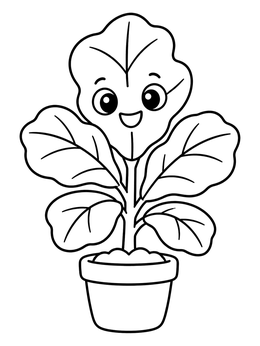 A happy plant coloring page featuring a smiling potted fiddle leaf fig.