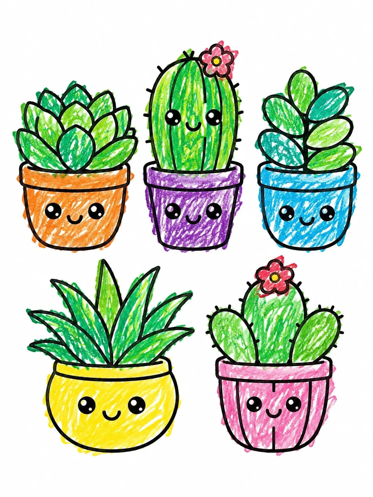Colored example of the Cute Potted Succulents And Cacti coloring page