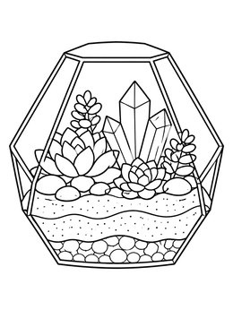 A plant coloring page featuring succulents and crystal points in a faceted glass terrarium.