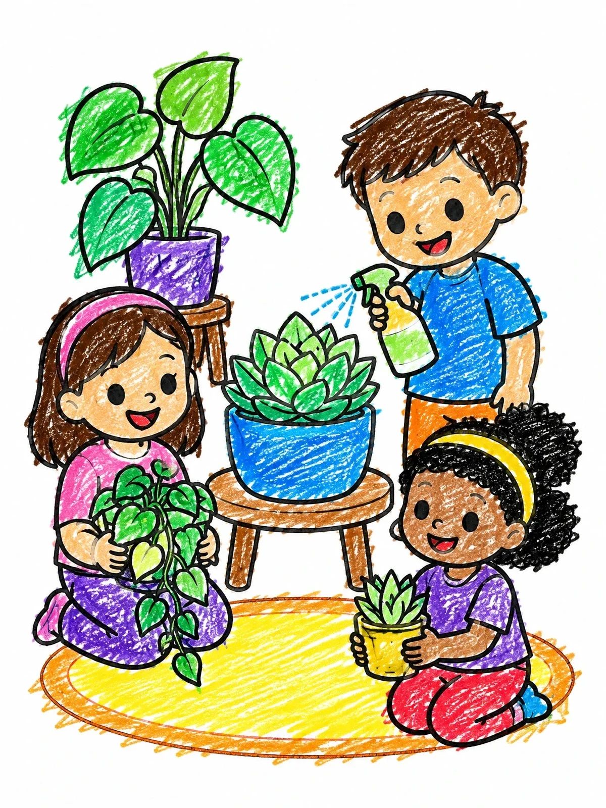 Colored example of the Children Caring For Houseplants Together coloring page