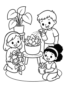 Kids tending to potted succulents on this plant coloring page.
