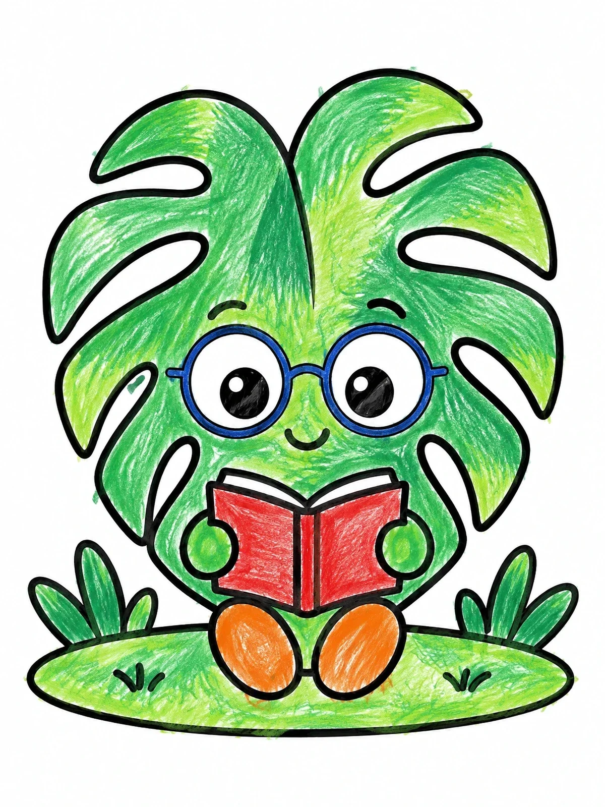 Colored example of the Monstera Leaf Character Reading A Book coloring page