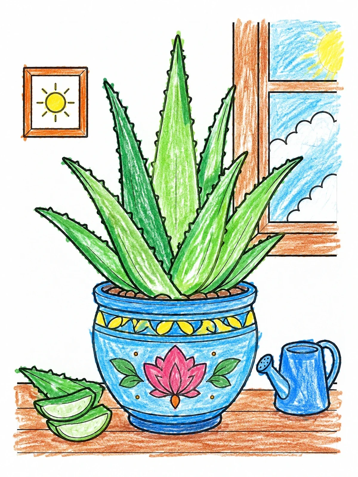 Colored example of the Potted Aloe Vera By The Window coloring page