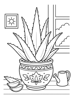 An aloe vera plant coloring page featuring a decorative pot next to a small watering can.