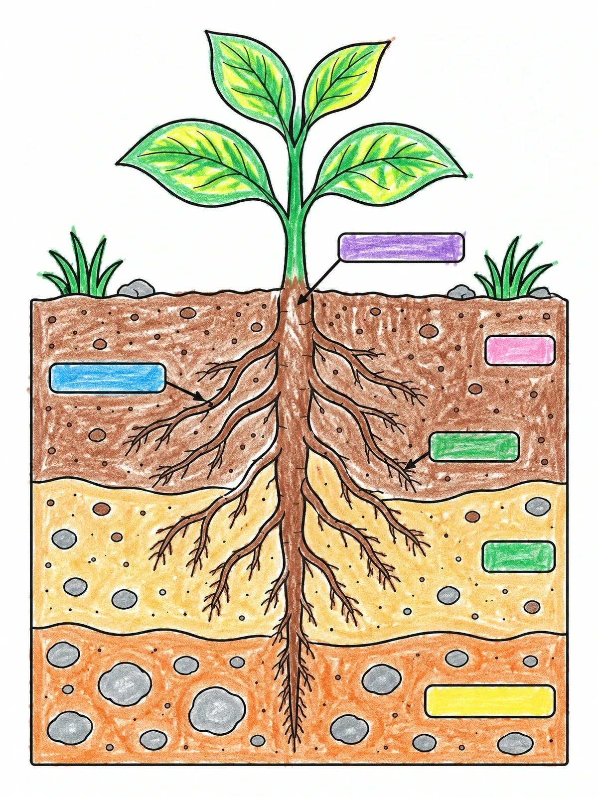 Colored example of the Plant Root System And Soil Layers coloring page