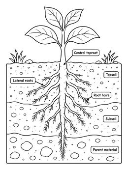 Educational plant coloring page showing a cross section of a root system and soil layers.