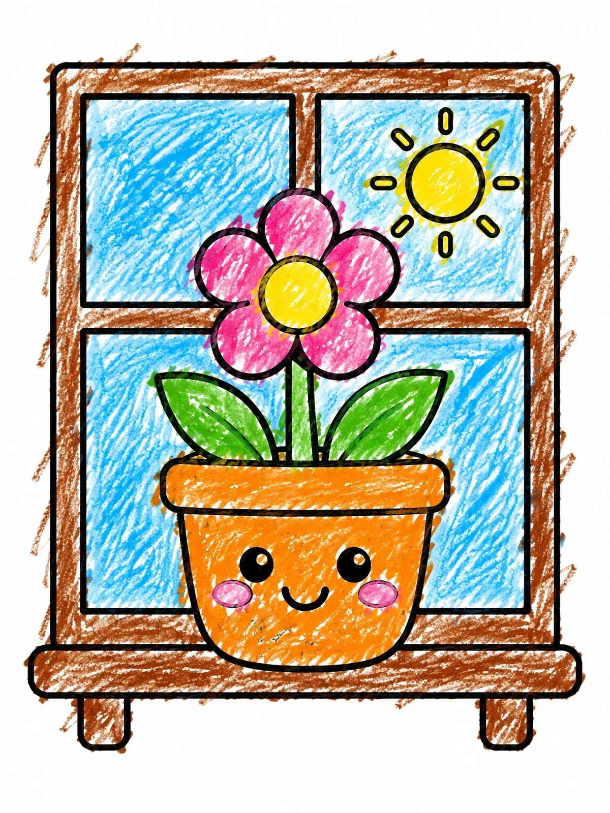 Colored example of the Smiling Flower Pot By The Window coloring page