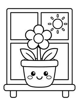 Free printable Smiling Flower Pot By The Window coloring page