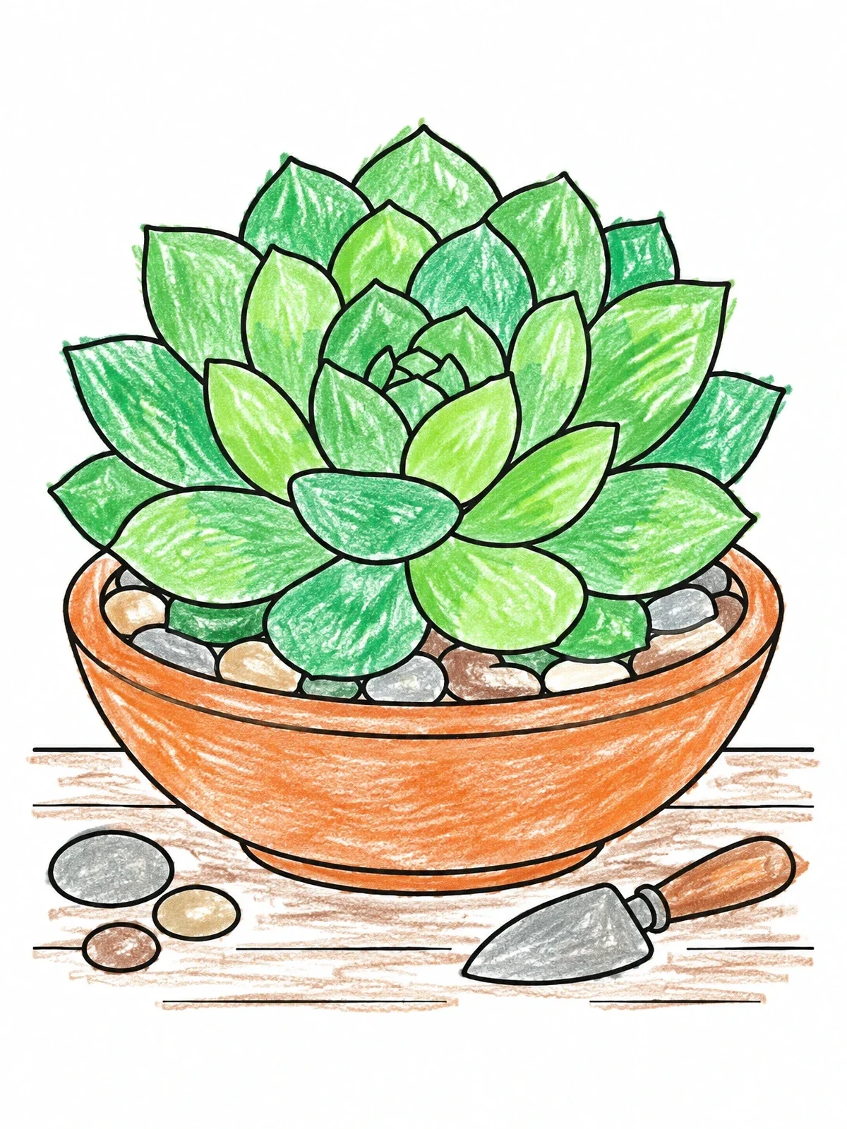 Colored example of the Succulent Rosette In Shallow Bowl coloring page