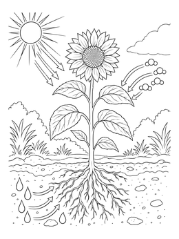 A sunflower photosynthesis diagram is featured in this educational plant coloring page.