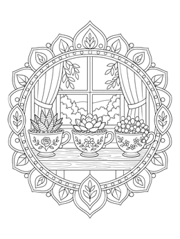 Teacup succulents sit on a windowsill framed by a mandala in this plant coloring page.