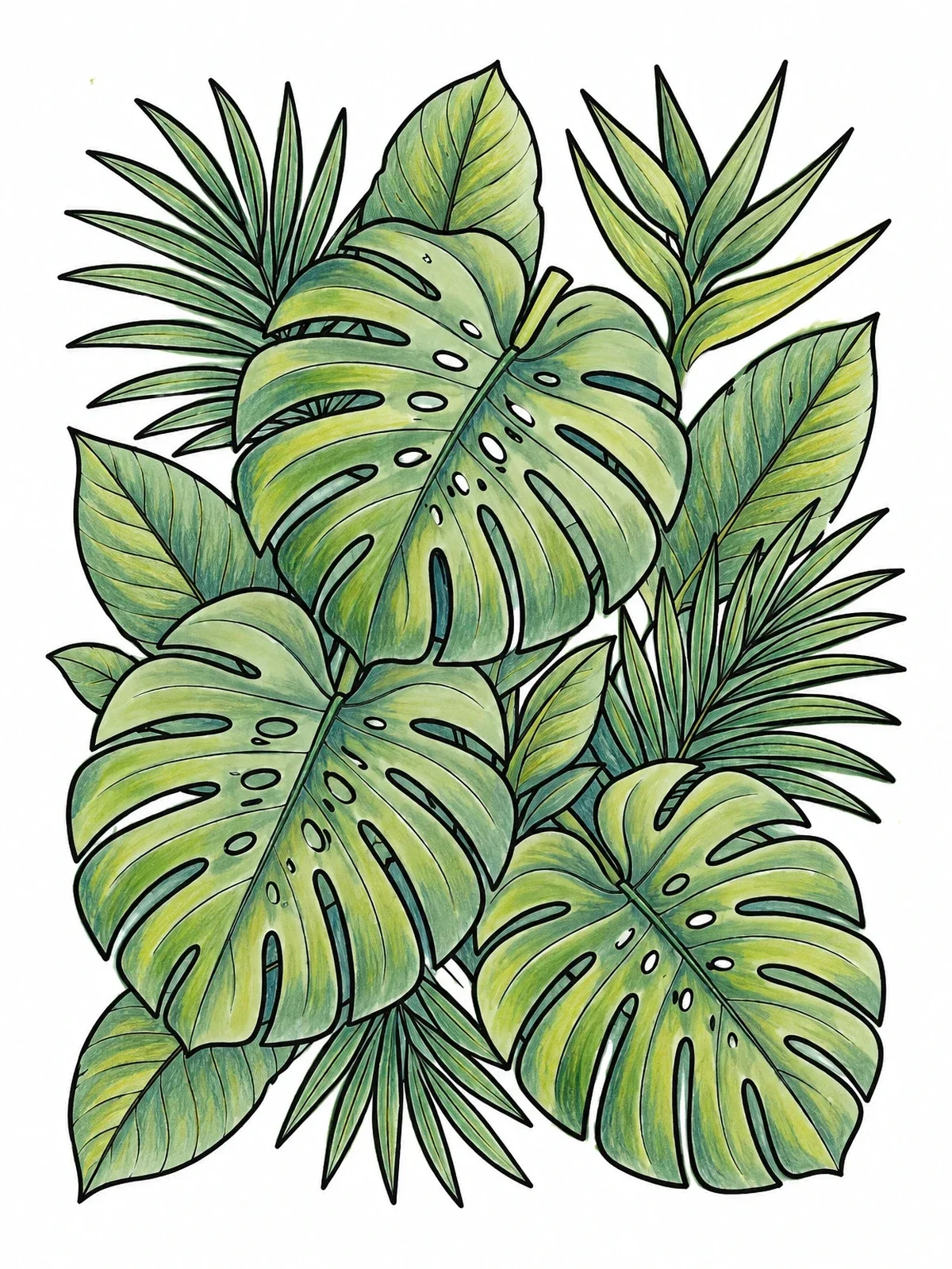 Colored example of the Tropical Monstera And Palm Leaves coloring page