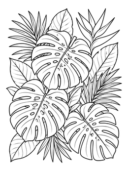 Lush tropical foliage in this plant coloring page with monstera and palm leaves.