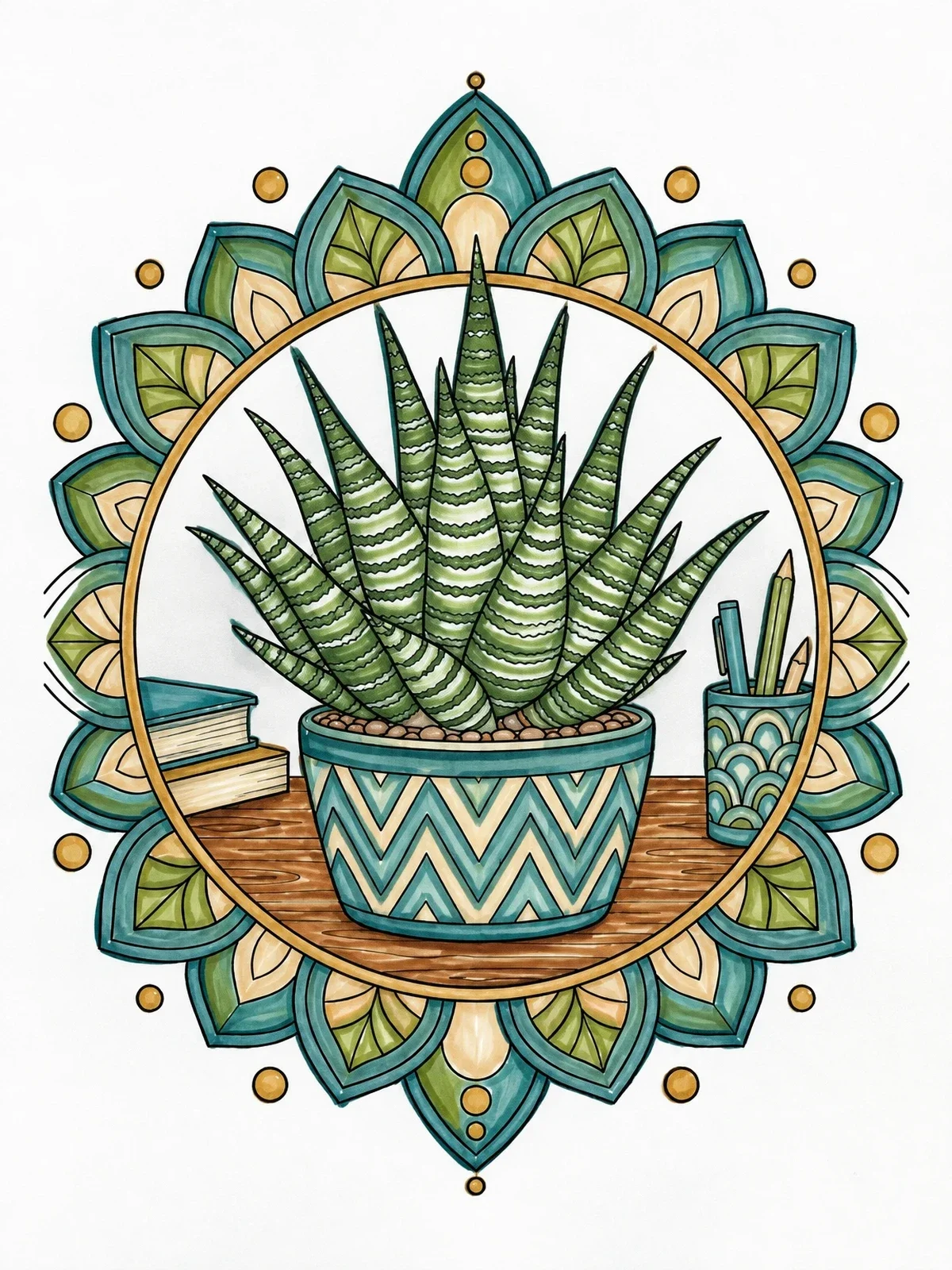 Colored example of the Zebra Haworthia Succulent Mandala coloring page