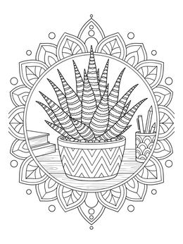 A potted zebra haworthia on a desk framed by an intricate plant coloring page design.