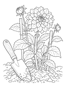 Blooming plant in fresh soil alongside garden tools on this dahlia coloring page.